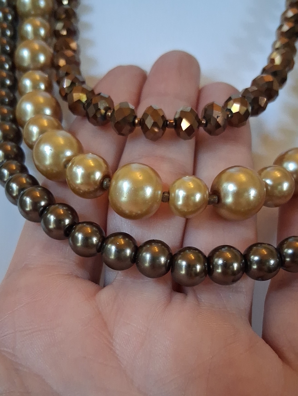 Women's Elegant Brown And Gold Faux Pearl Multi-Strand Statement Necklace - Picture 7 of 14